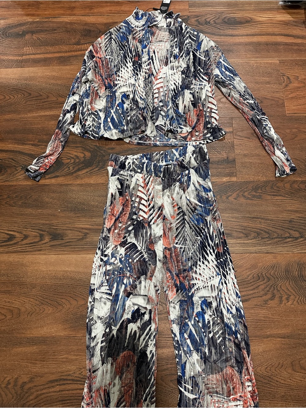 Printed Wide-Leg Pants & Crop Top Set - Blue/Red/White